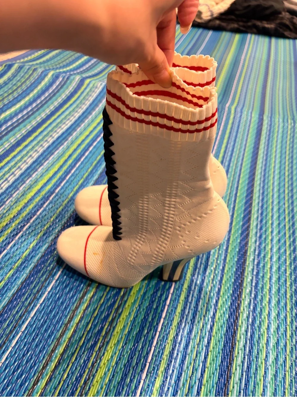 Fendi Cream Knit Sock Boot with Red Stripe and Navy Accents